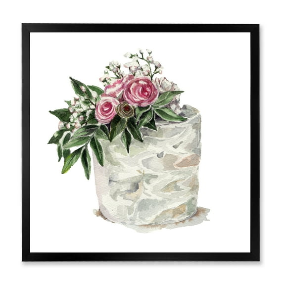 Designart 'White Flowers and Pink Roses On Cake' Traditional Framed Art Print