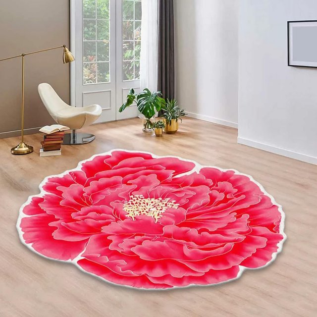 Floral Area Rugs Peony Flower Shape Area Rugs Non-Slip Rugs Floral Shaggy Carpet Bath Mat for Bedroom Kitchen Bathroom Living Room, Red, 2'x2'