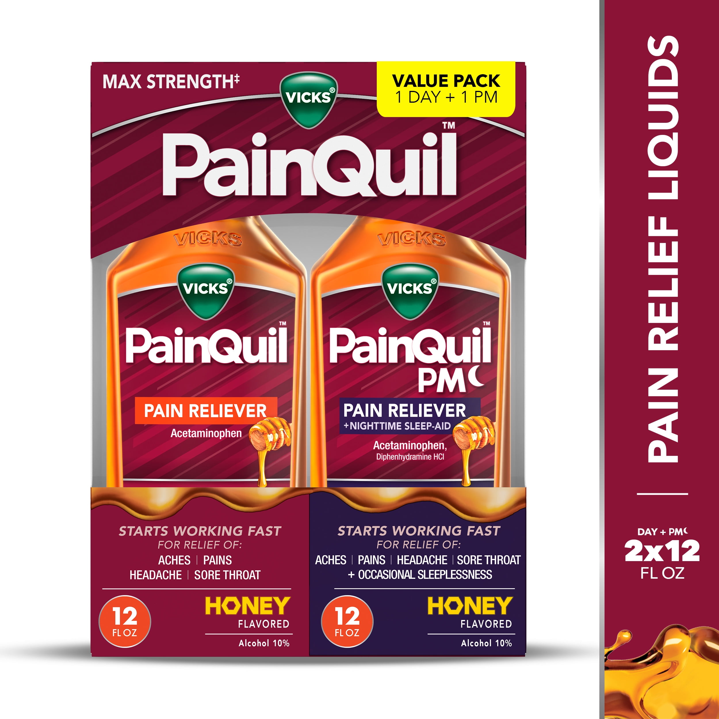 (3 pack) Vicks PainQuil Pain Relief and Nighttime Sleep Aid Liquids, Acetaminophen 1000mg, Honey, 2x12oz