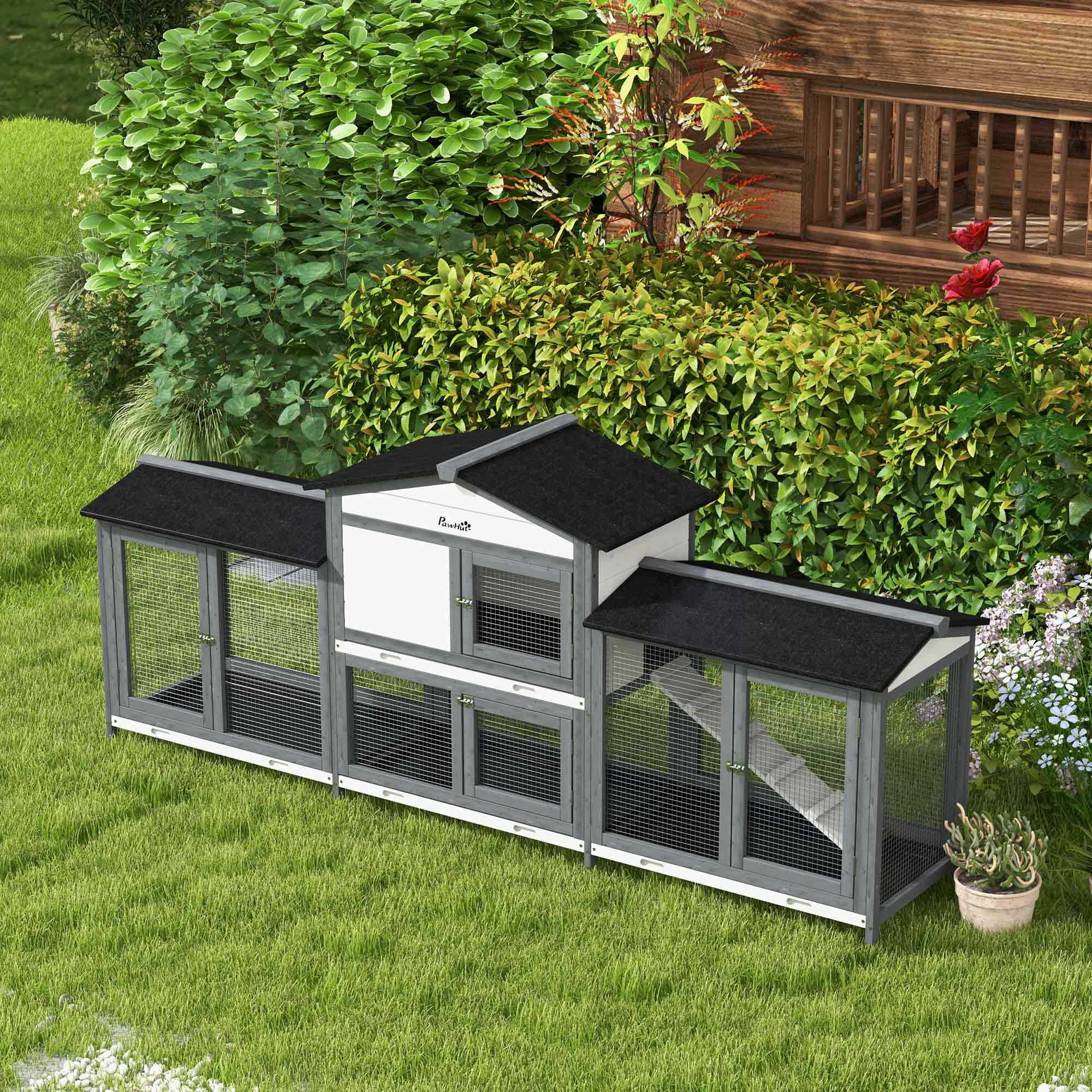 Dog Crate, PawHut 90.5" Wooden Rabbit Hutch Bunny Cage Pet Playpen House Enclosure with Double Side Run Boxes, No Leak Tray, Ramp, for Guinea Pig and Small Animals, Light Gray, Gray Pet Playpen