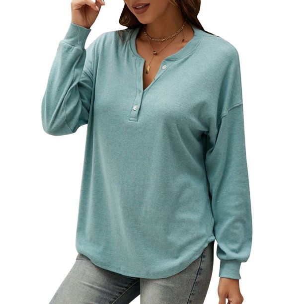 Blusa cepillada para mujer, camisa con cuello en V, manga larga, hombros caídos, con botones, sudade Abanopi Azul/Extragrande