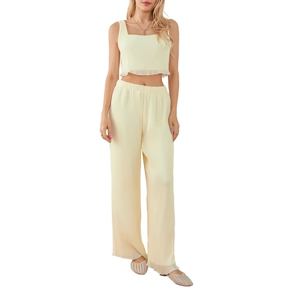 Arvbitana 2Pcs Women's Summer Outfits Solid Color Sleeveless Lettuce Trim Tank Tops + Elastic Wide Leg Pants Set Casual Streetwear S M L XL