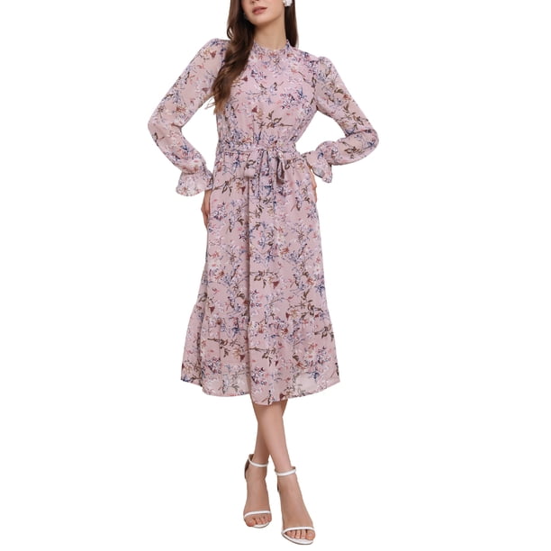 INSPIRE CHIC Vestido de Mujer Floral con Cuello Alto, Volantes, Manga Larga, Fluido, Chiffon, Corte A, Midi, Rosa S