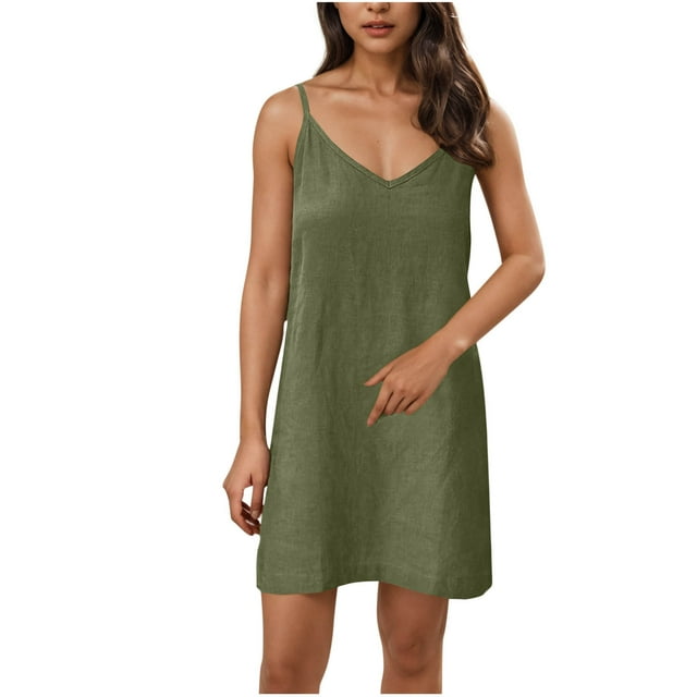 JGGSPWM Nuisette Midi Sans Manches à Bretelles Spaghetti en Coton et Lin pour Femmes, Col en V, avec Poches, Robe de Nuit Vert Armée P