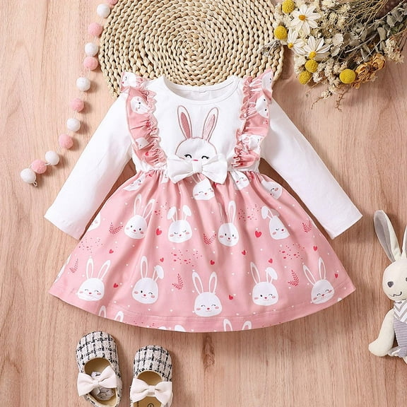 Adeawade Girl Easter Dresses Crewneck Bunny Dress For Baby Girl Ruffle Skirt Bow Long Sleeve Outfits Spring Birthday Basic Wear 18-24 Months Red