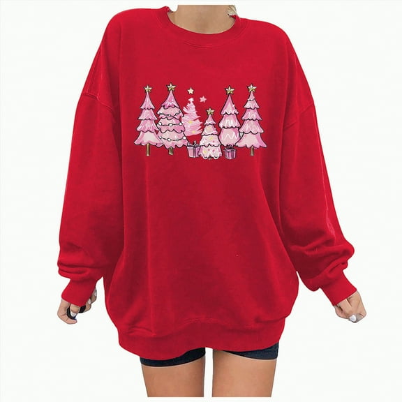 Towmus Plus Size Christmas Sweatshirt for Women Cute Long Sleeve Pink Christmas Tree Printed Fall Winter Pullover Tops