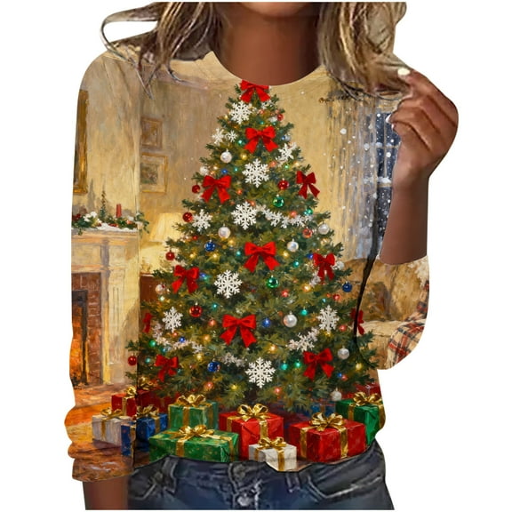 YUGYXL Christmas Shirts for Women Plus Size Christmas T-Shirts Xmas Tree Print Long Sleeve Blouse Holiday Pullover Tops Red L