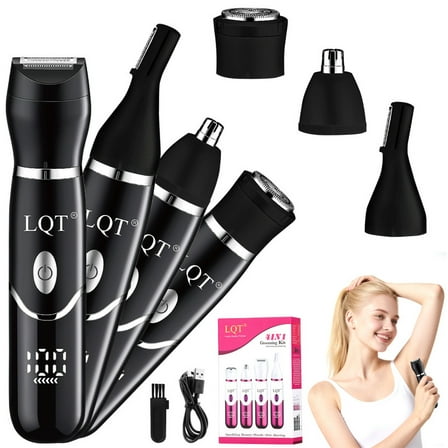 LQT Women's Hair Clippers, Bikini Trimmer & Body Groomer - Electric Pubic Hair Shaver with 4 Interchangeable Heads, Cordless & Waterproof for Painless Trimming, Shaping and Smooth Shaving Black