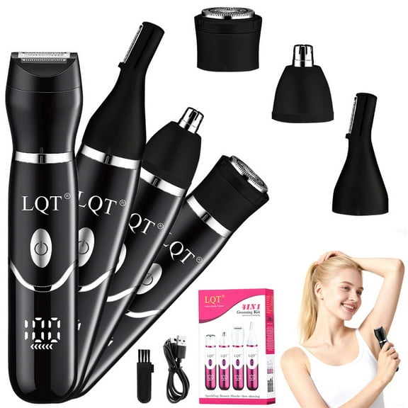 LQT Women's Hair Clippers, Bikini Trimmer & Body Groomer - Electric Pubic Hair Shaver with 4 Interchangeable Heads, Cordless & Waterproof for Painless Trimming, Shaping and Smooth Shaving Black