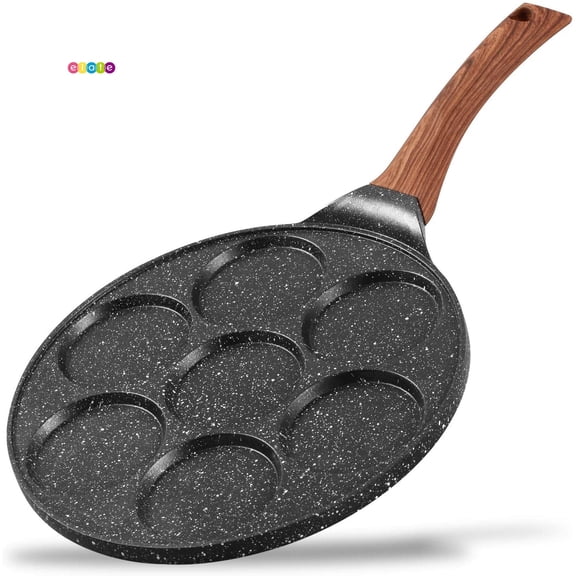 7-Hole Nonstick Pancake Pan, Aluminum Die-Cast Egg Frying Skillet with Wooden Handle, Cook up to 7 perfectly round eggs, pancakes, or omelets simultaneously