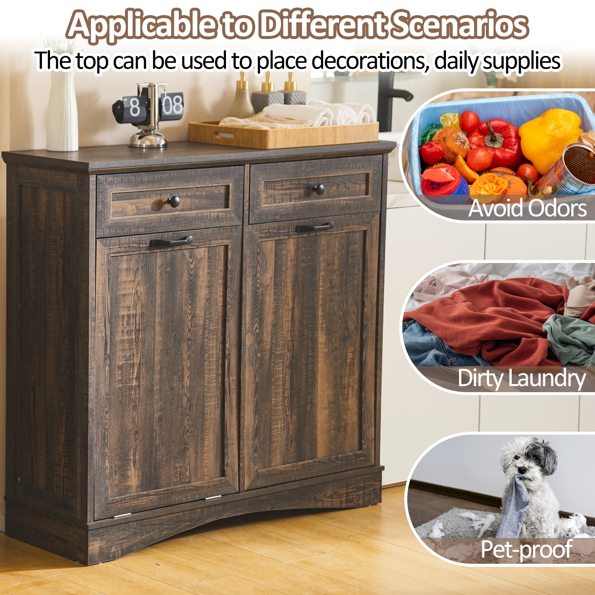 HARIPUL 13 Gallon Tilt Out Trash Cabinet Waste Bins Hidden Trash Bin with Drawer & Adjustable Shelf & for Kitchen, Dark Brown