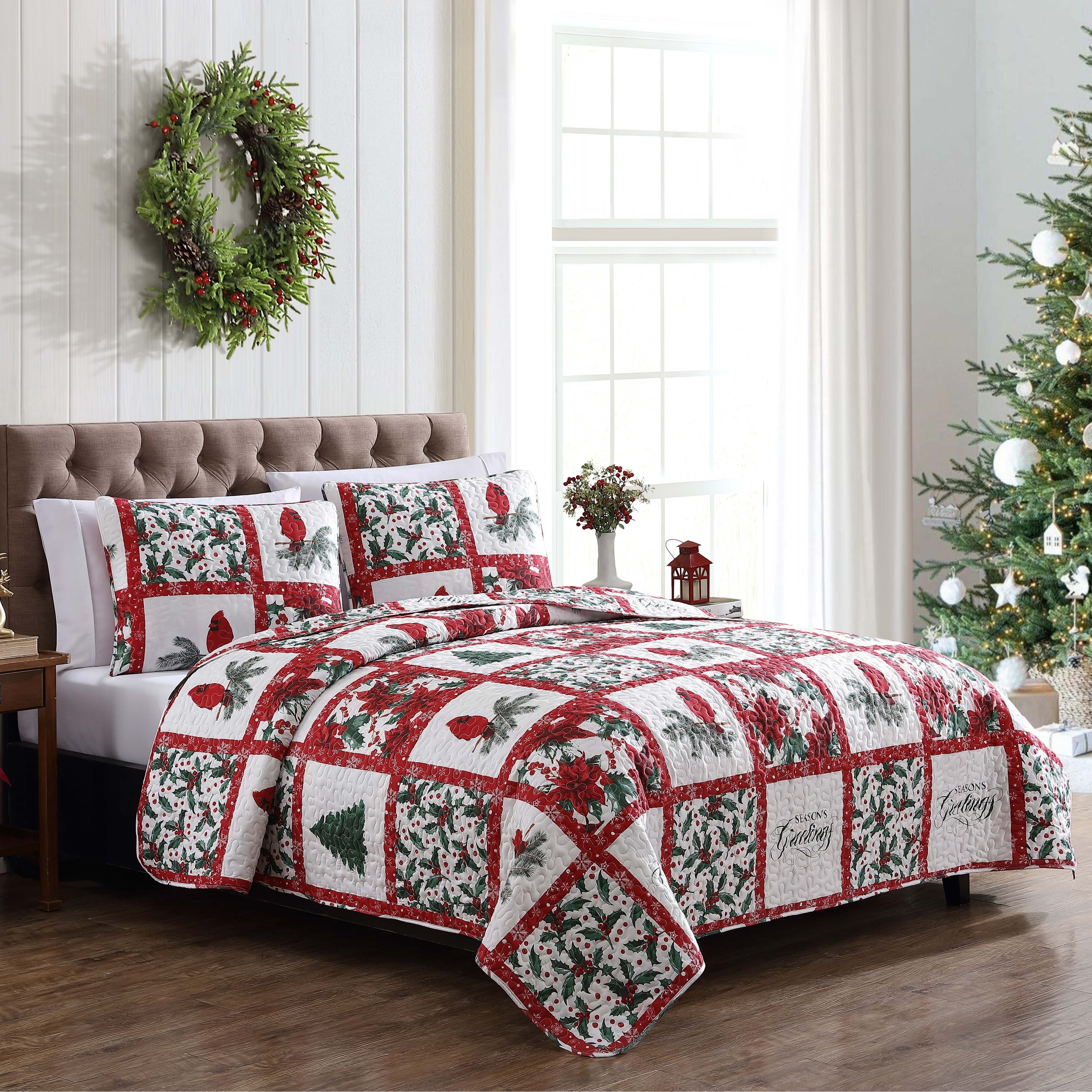 Beatrice Home Fashions, Holiday 3PC Quilt Set, King, Mistletoe Patchwork