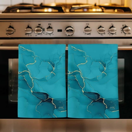 Turquoise Marble Kitchen Towels Set of 3 Minimalist Abstract Golden Fluid Art Absorbent Dish Towels for Kitchen Microfiber Hand Towel Quick Drying Tea Towel for Cleaning Decorative Dishcloths