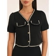 thumbnail image 4 of DARING DIVA Tweed Contrast Color Button Down Short Sleeve Blazer L Black, 4 of 6