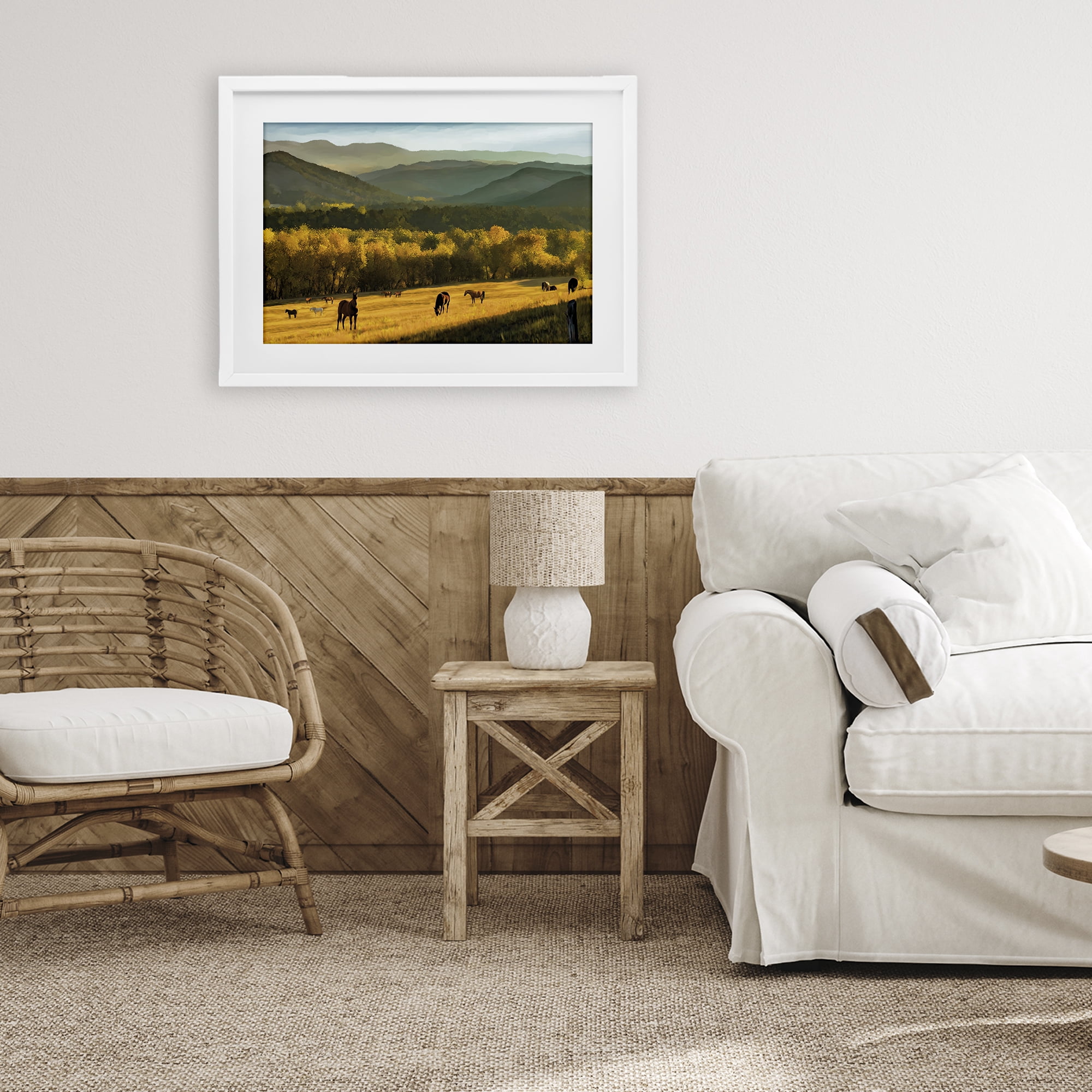 Stupell Industries Grazing Horses in Valley White Framed Print Under Glass, design by Renel Peters