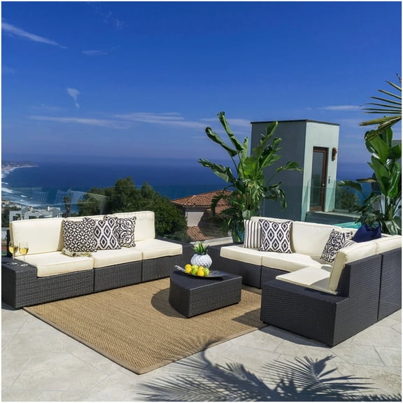 8-Piece Outdoor Sectional Sofa Set, PE Wicker & Iron Frame, Waterproof Fabric Cushions, Dark Brown