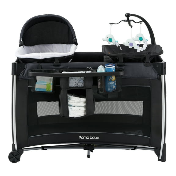 Pamo Babe 4 in 1 Baby Playard, Foldable Portable Crib with Bassinet & Changing Table and Toy Bar(Black)