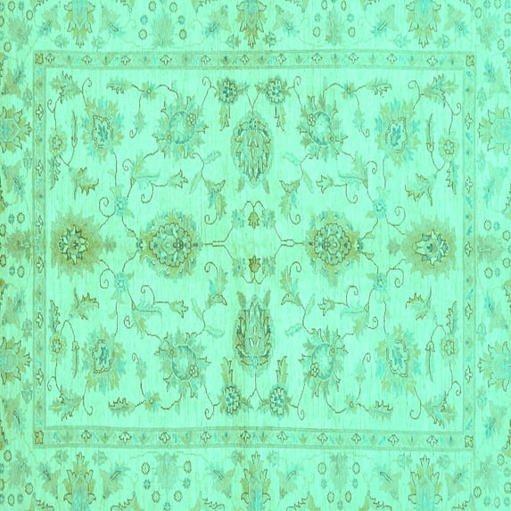 Ahgly Company Machine Washable Indoor Square Oriental Turquoise Blue Traditional Area Rugs, 5' Square