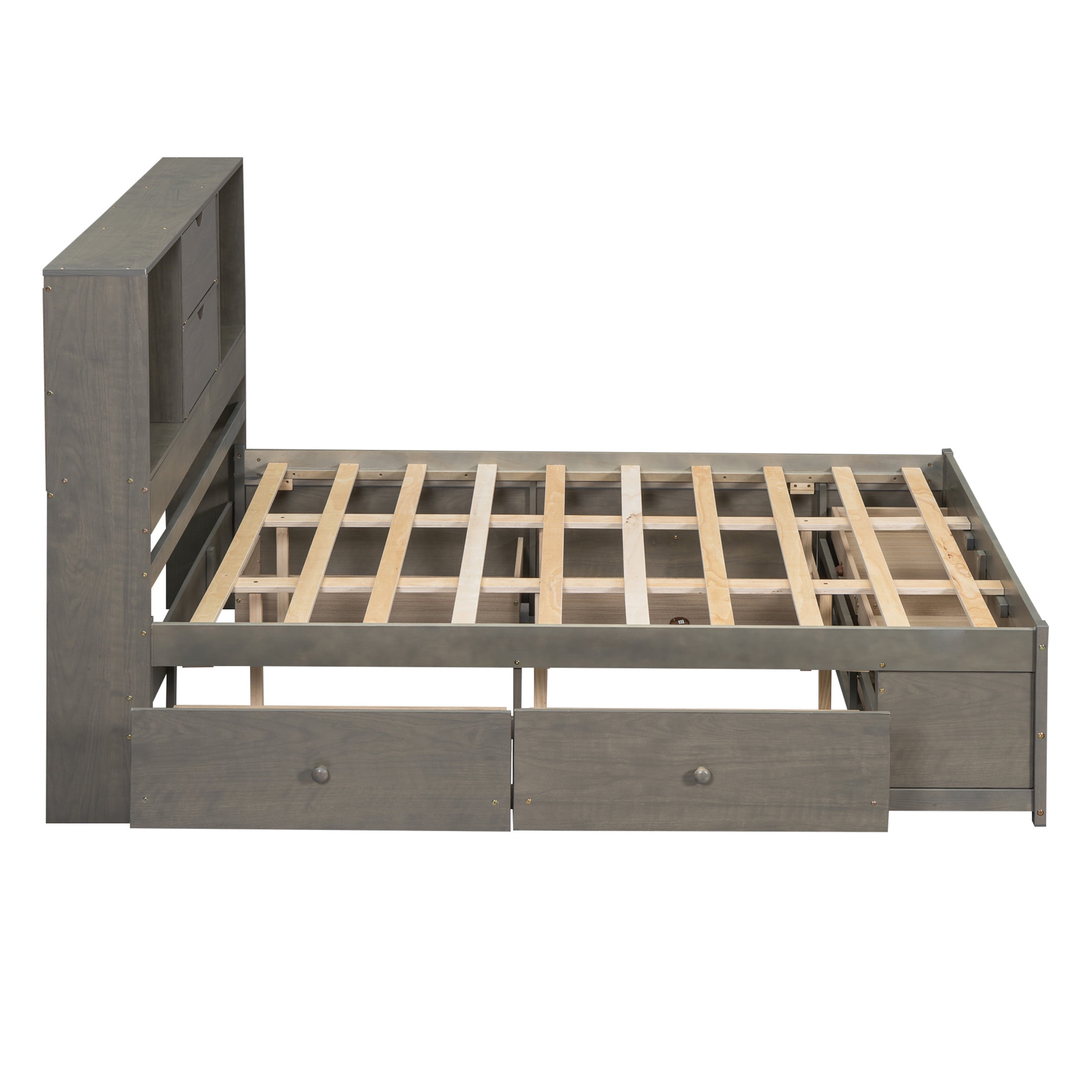 Noble House Solridge Queen Size Platform Bed with Bookcase Headboard and Storage Drawers, Solid Wood Frame, Gray