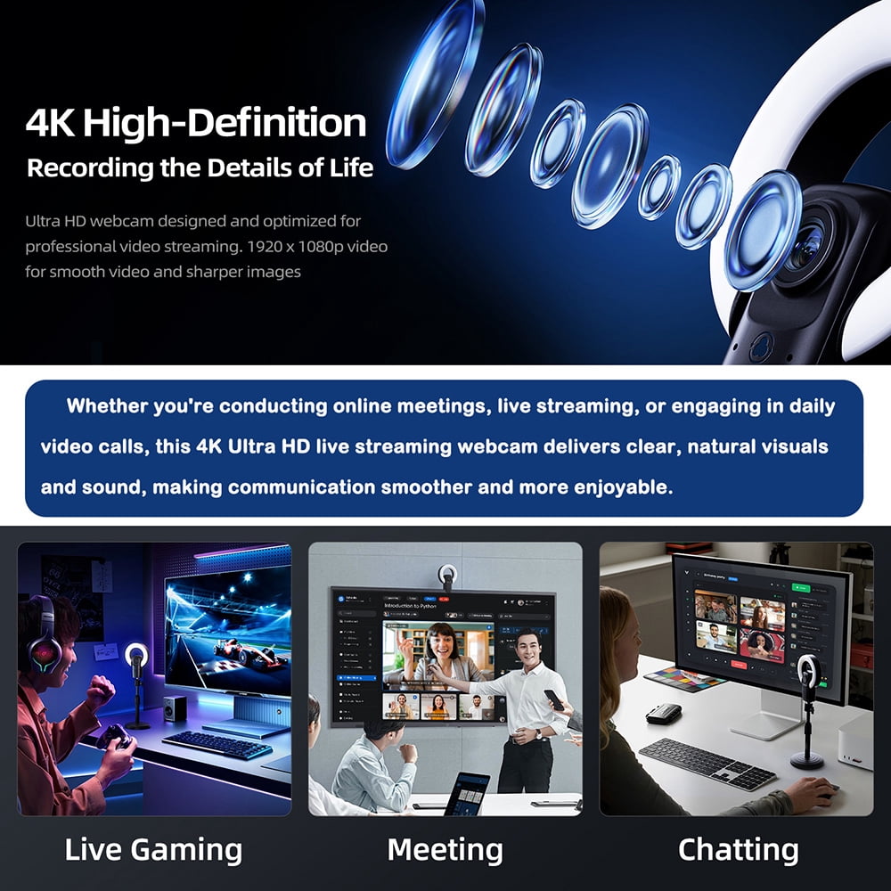 4K Webcam with AI Autofocus, Ring Light, Remote Control, Noise-Cancelling Mic for Streaming, Meetings, Classes