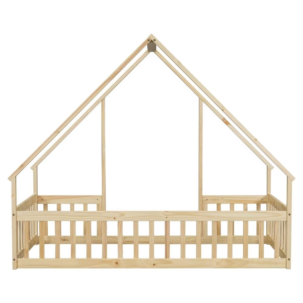 Twin Floor Bed, Wooden Montessori Bed Frame with Roof and Fence Guardrails, Natural