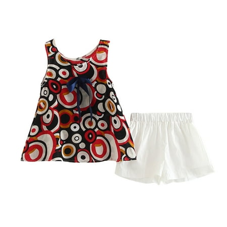 

Toddler Baby Kid Girls Print Bow Tops Vest Solid Shorts Pants Set Casual Outfits