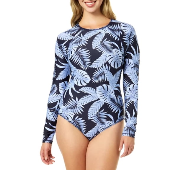 Hurley Women's UPF 50  Stretch Long Sleeve One Piece Swimsuit (US, Alpha, Medium, Regular, Regular, Blue (Leafy Dream))