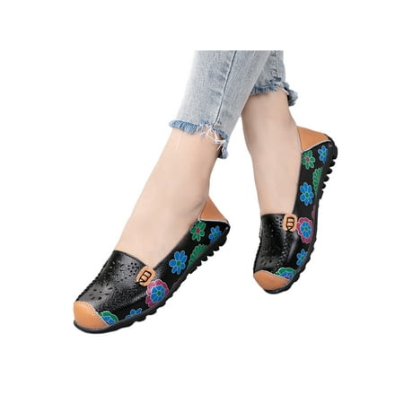 

UKAP Womens Loafers Floral Flats Slip On Casual Shoes Lightweight Mocassins Ladies Walking Shoe Cutout Comfortable Cutout Black 10.5