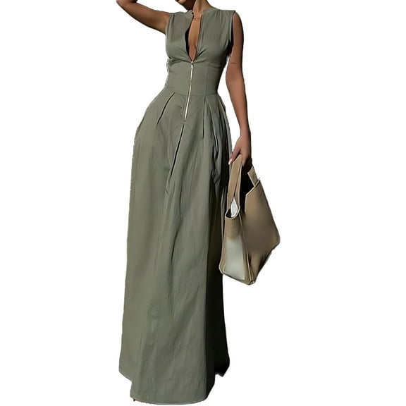 Womens Deep V Neck Zip Up Cap Sleeve Smocked Elastic Waist Split Summer Casual Midi Dress with Pockets  Green S