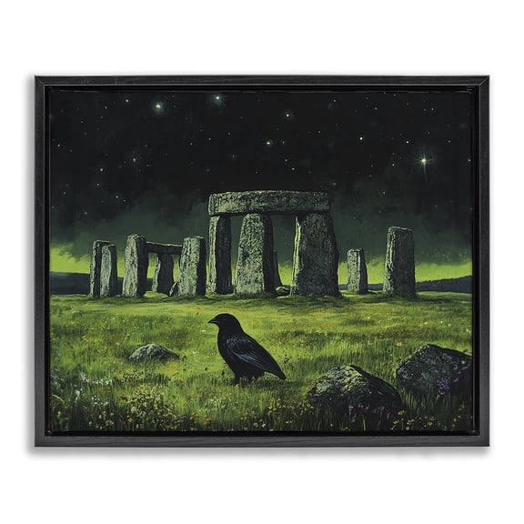 Stupell Industries Eclectic Crow & Stonehenge at Night Black Floating Frame Canvas Art, 21 x 17, by Tom Crehan