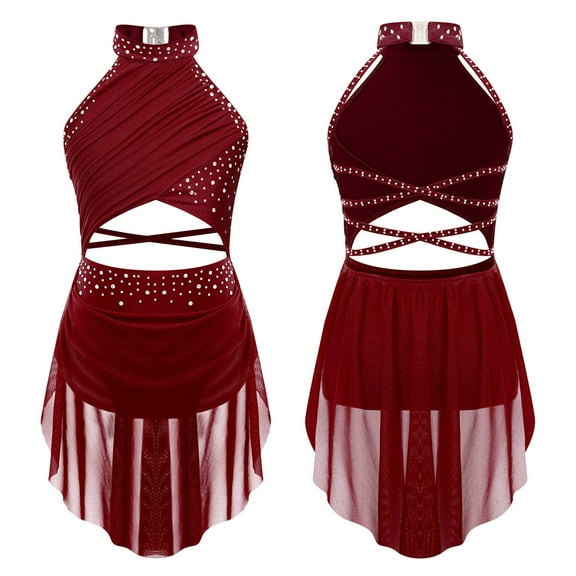 Aiihoo Girls Lyrical Dance Dress Sleeveless Backless Leotard Dress Sparkle Modern Dancing Dress Burgundy 6