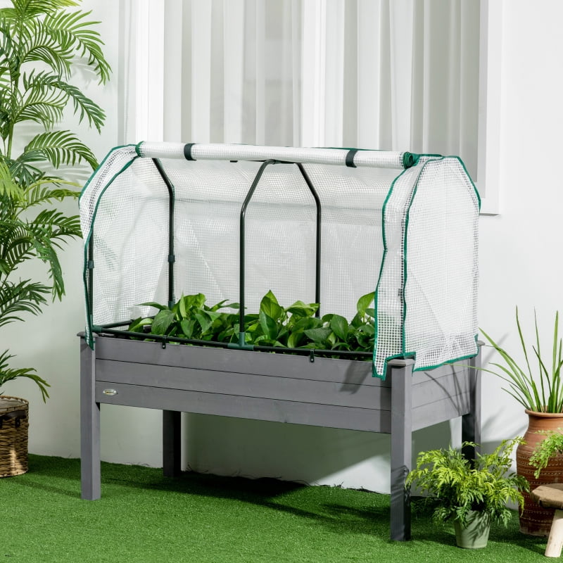 Alvantor Dark Grey 48' L x22' W x46' H Wooden Raised Planter Box with Greenhouse PE Cover