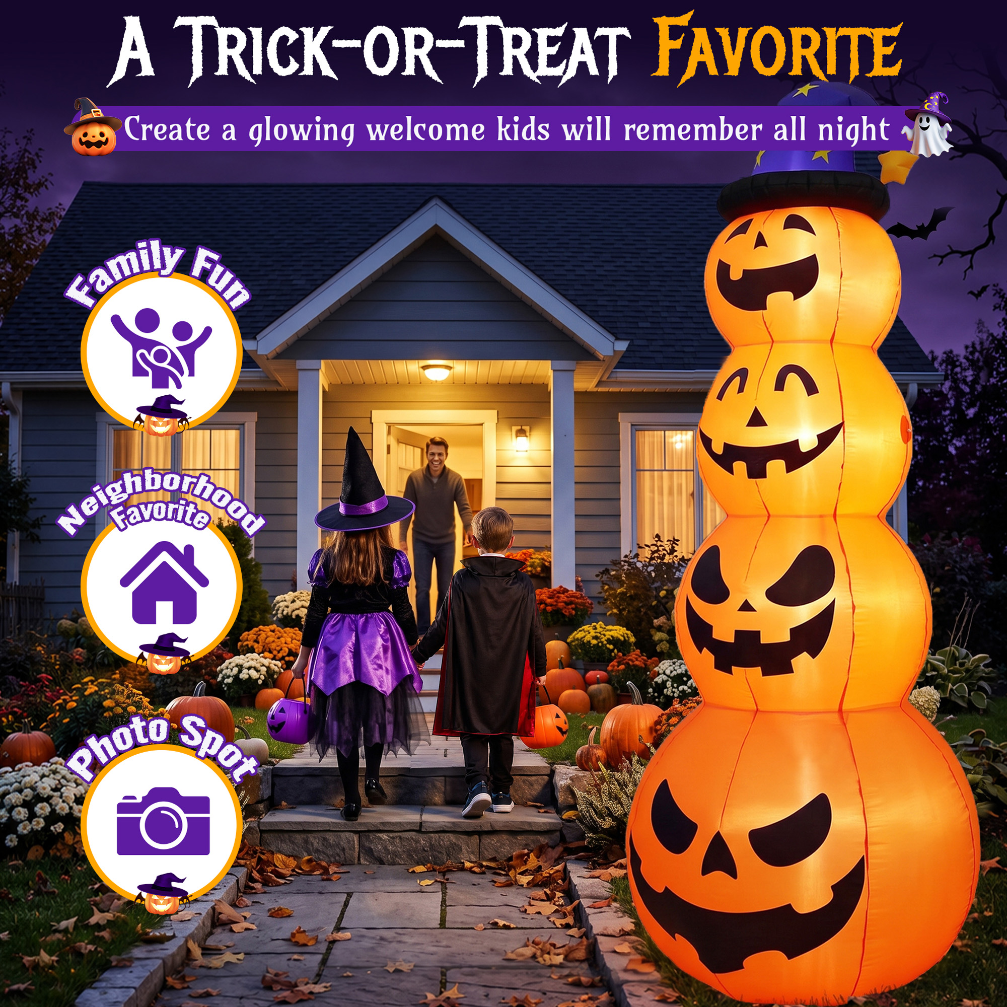 Qunler 8 Ft Halloween Pumpkin Stack Inflatable with Witch Hat photo 2