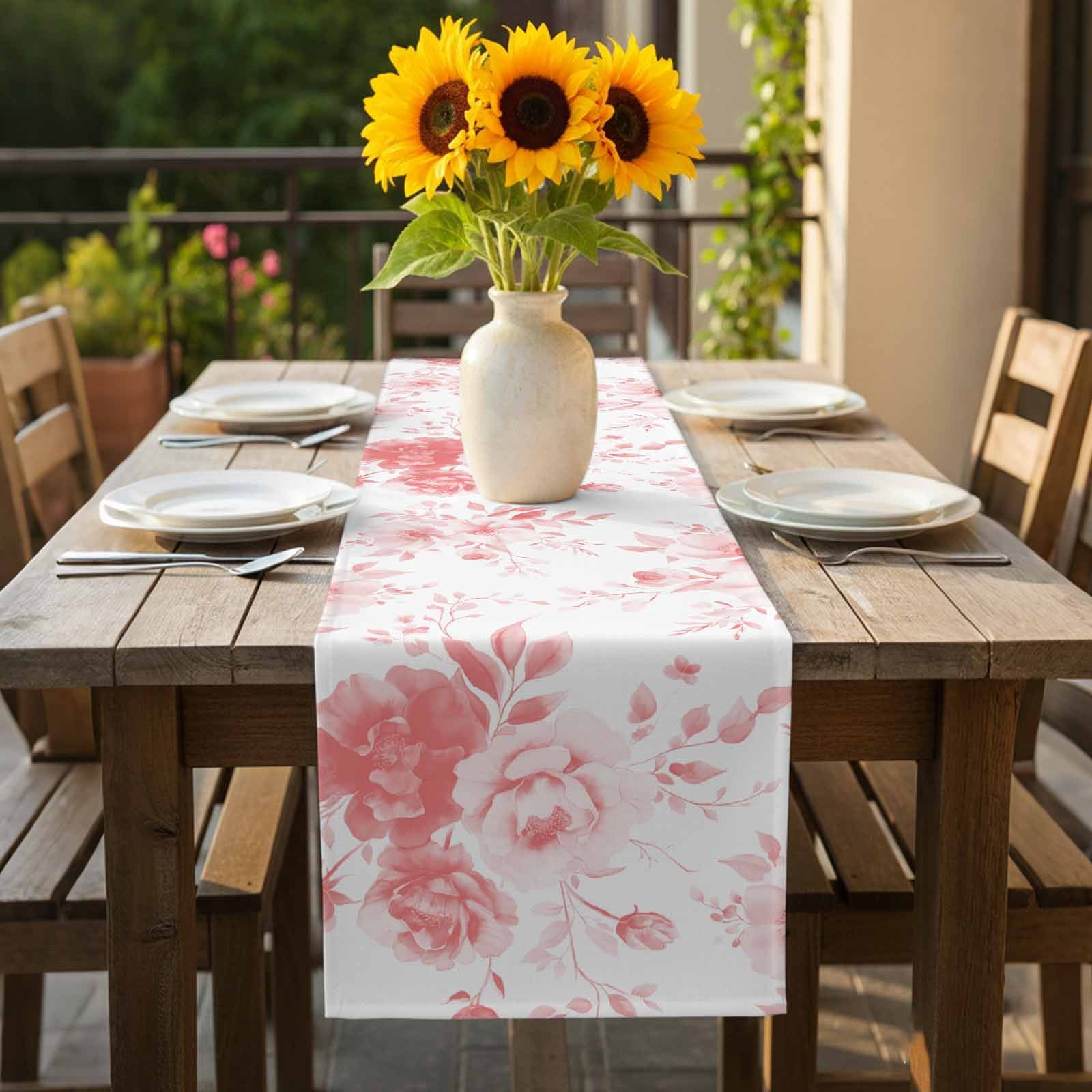 Spring Floral Cotton Linen Table Runner Classic Pink Gradient Flowers Dining Table Runners for Home Decor Party Dining Room Restaurant Kitchen 13" x 120"