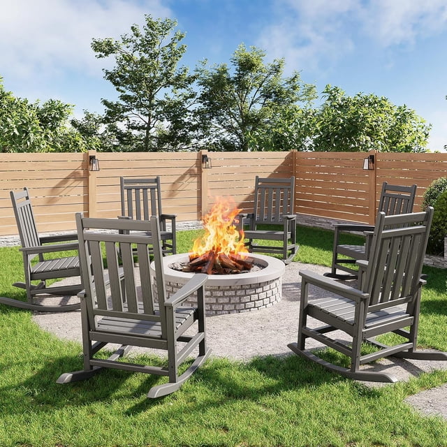 Patio Furniture Poly Lumber Rocking Chair Outdoor Set of 6 HDPE High Back Porch Rocker Chairs for Adults All Weather Resistant Furniture for Patio Gray