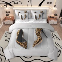 Feelyou Fashion High Heel Bedding Comforter Set 7pcs, Fairy Leopard Print Queen Bedding Sets, Teens Girls Women Reversible Queen Sheet Sets, Luxury Bedroom Decor