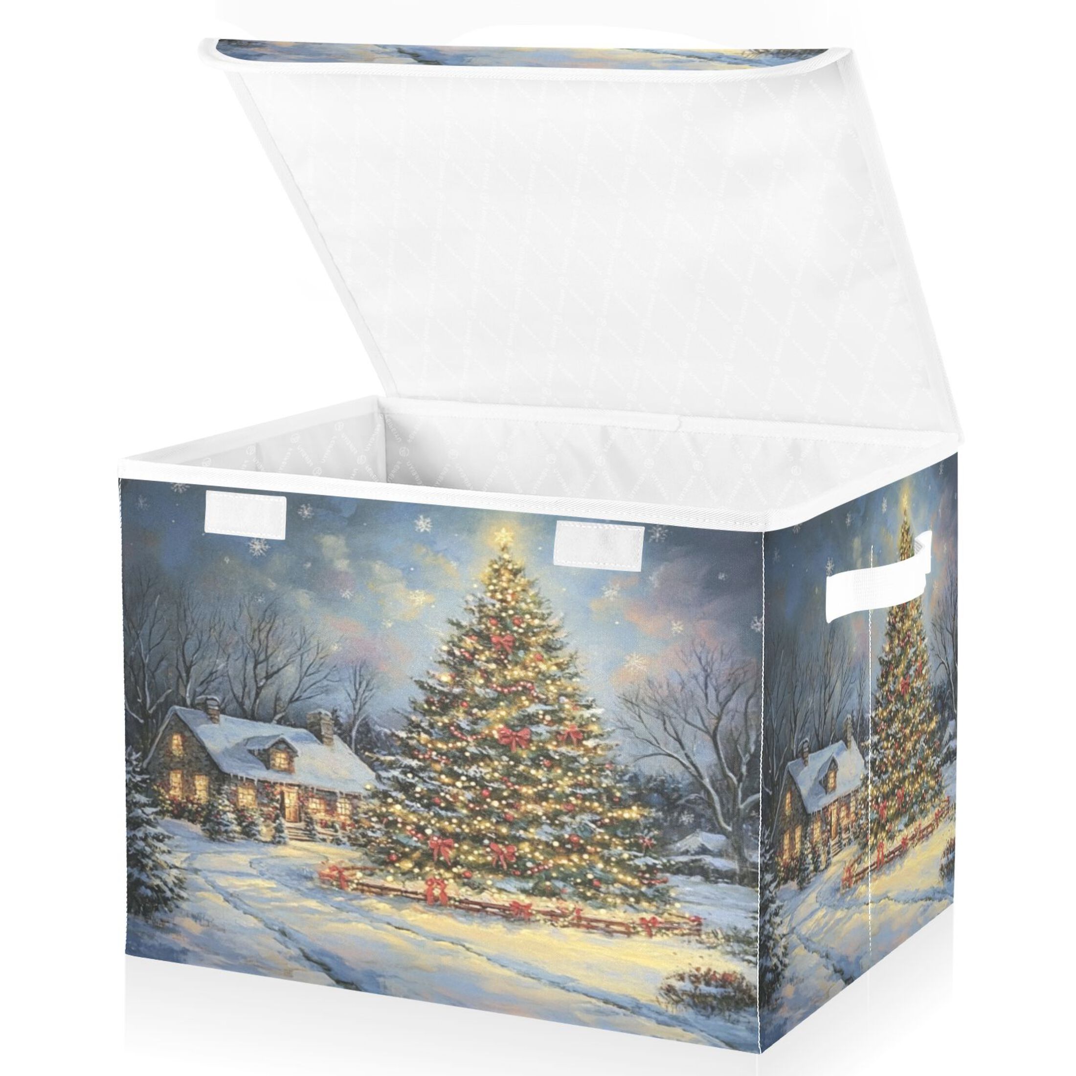 Storage Box With Lid 16.5x12.6x11.8In Foldable Stacked Household Storage Box Christmas House and Tree Picture