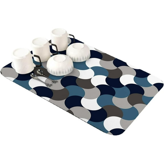 Navy Blue Grey Geometric Dish Drying Mat for Kitchen Counter, Super Absorbent Quick Dry Coffee Bar Mat Pad Thin Diatomaceous Sink Mat Non Slip Dish Drainer Mat 23.5x15.5 Modern White Abstract Art