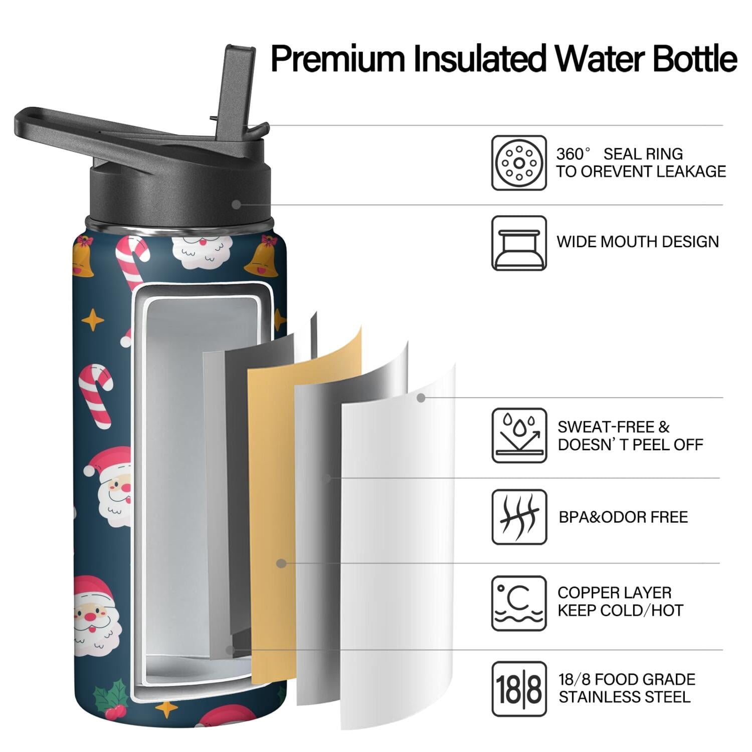 Christmas 18 oz Insulated Stainless Steel Water Bottle with Straw & Cleaning Brush , Leakproof, BPA-Free, 304 Stainless Steel, Wide Mouth, Travel Mug for Car, Gym, Office