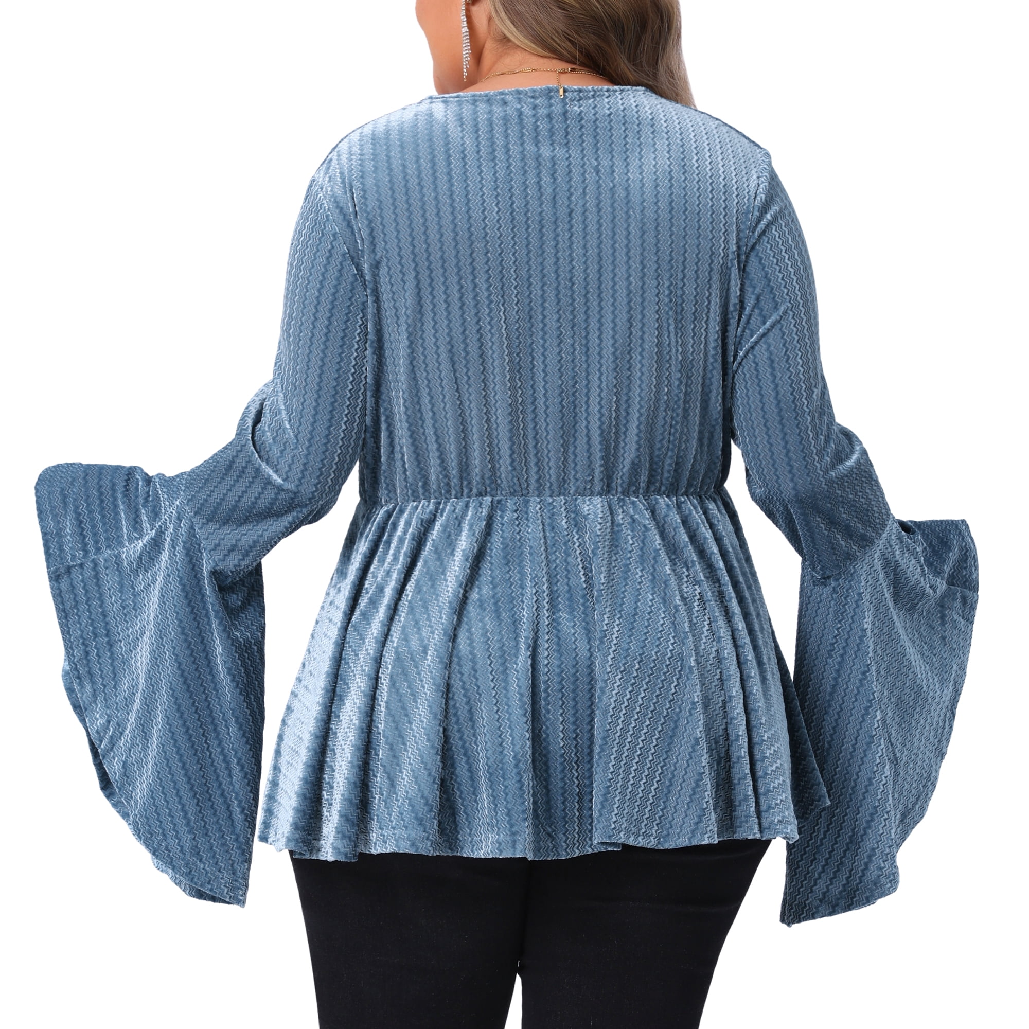 DARING DIVA Women's Plus Velvet  Faux Wrap V Neck Bell Blouse 1X Blue
