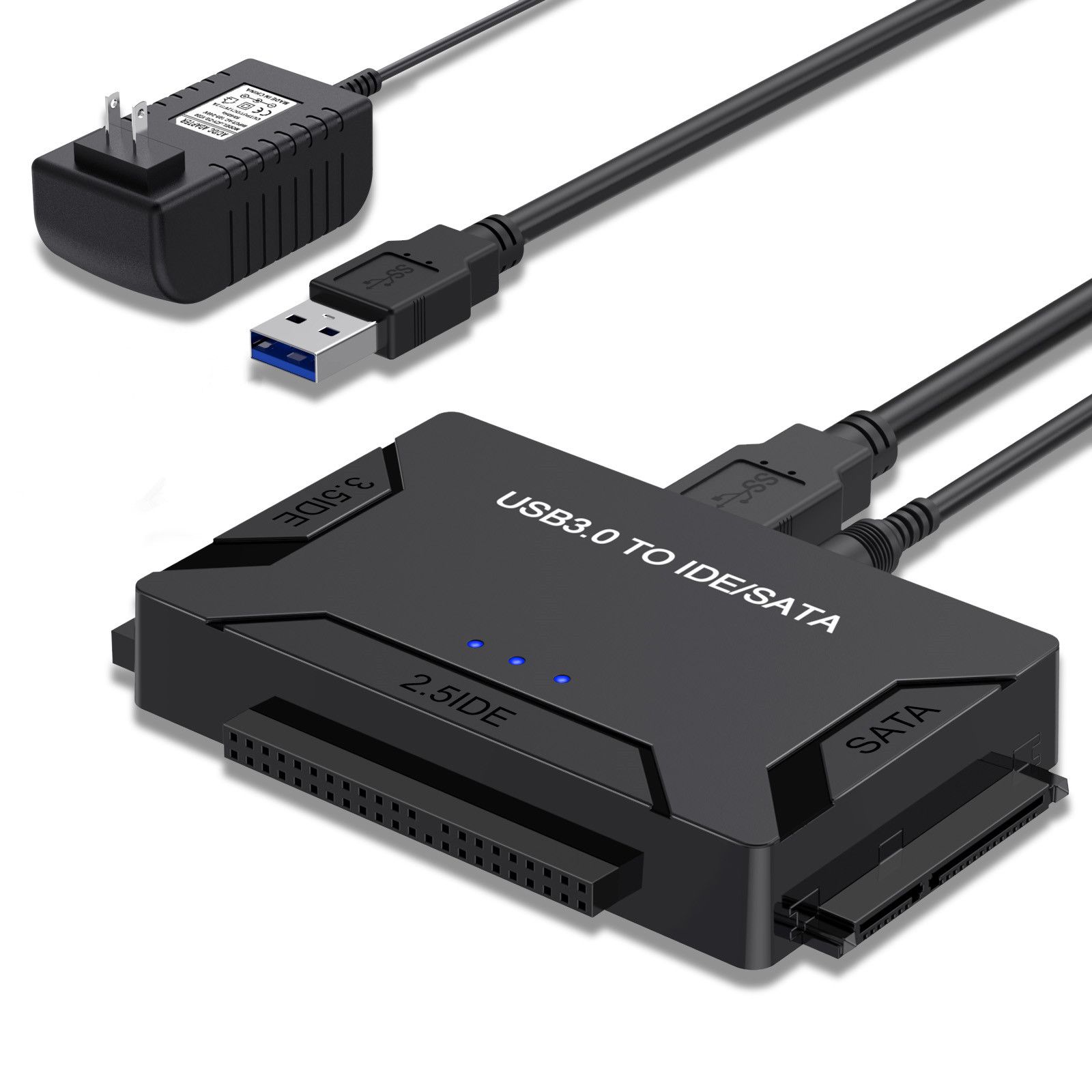 ENTSASMO Black USB 3.0 to IDE SATA Adapter USB 3.0 to SATA IDE Hard Drive Converter Combo for 2.5"/3.5" DE SATA SSD Hard Drives Disks with 12V 2A Power Adapter and USB 3.0 Cable for Laptops