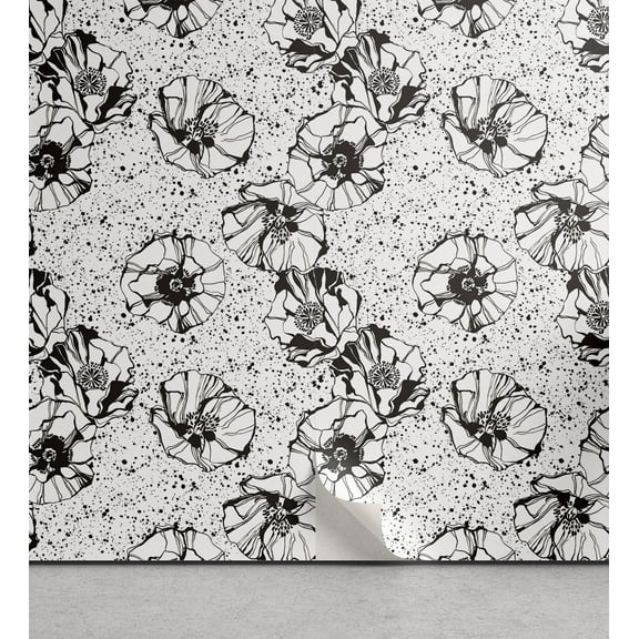 Ambesonne Poppy Flowers Peel & Stick Wallpaper for Home, Grunge Floral Dots, 13"x36", Charcoal Grey White