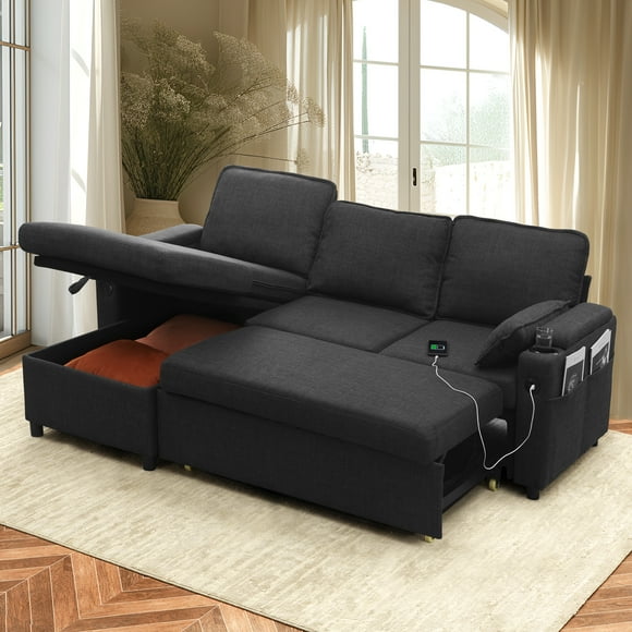 Innumia Sectional Sleeper Sofa L shaped with USB Charging, Dark Gray