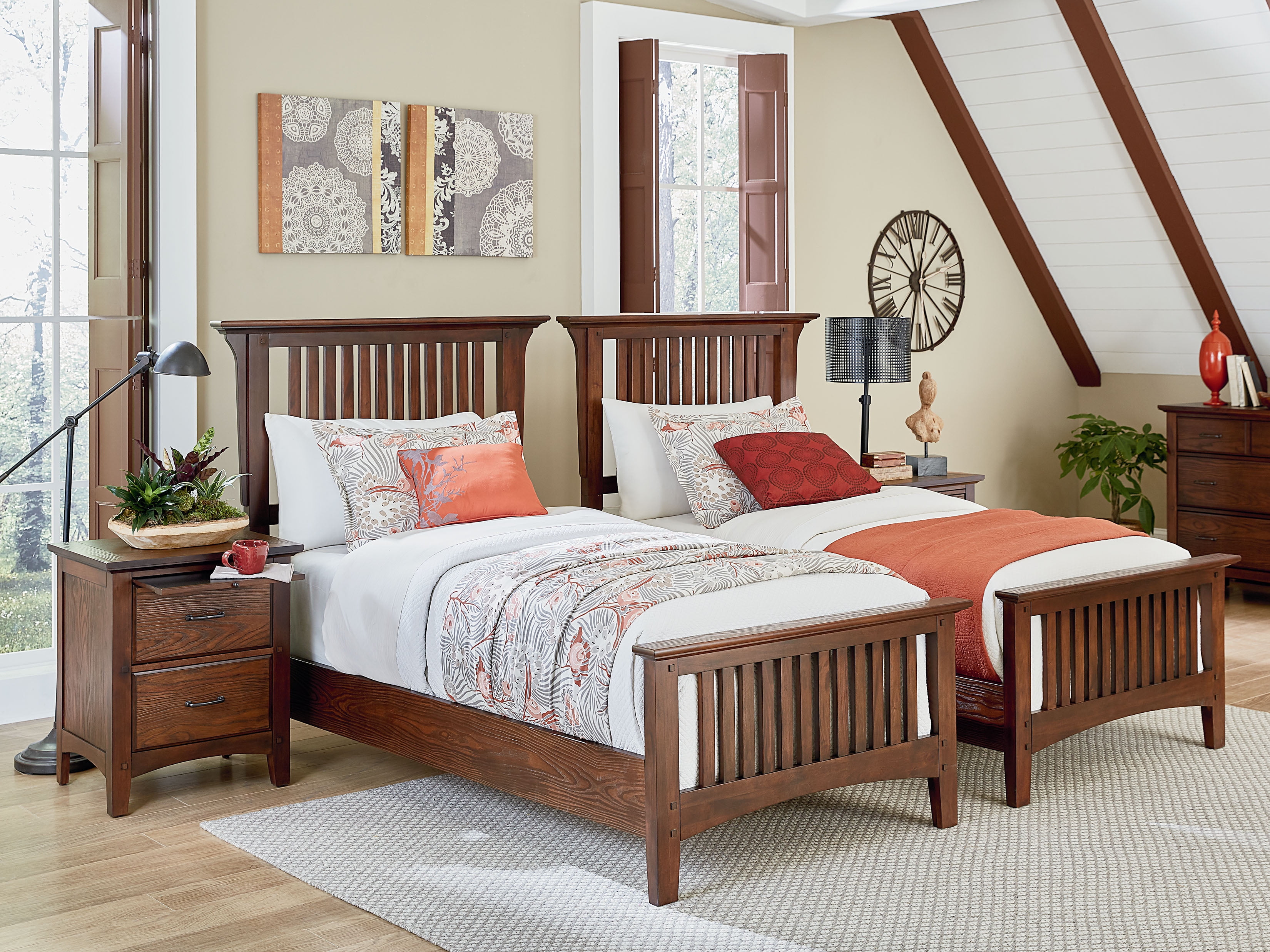 Modern Mission Double Twin Bedroom Set With 2 Nightstands