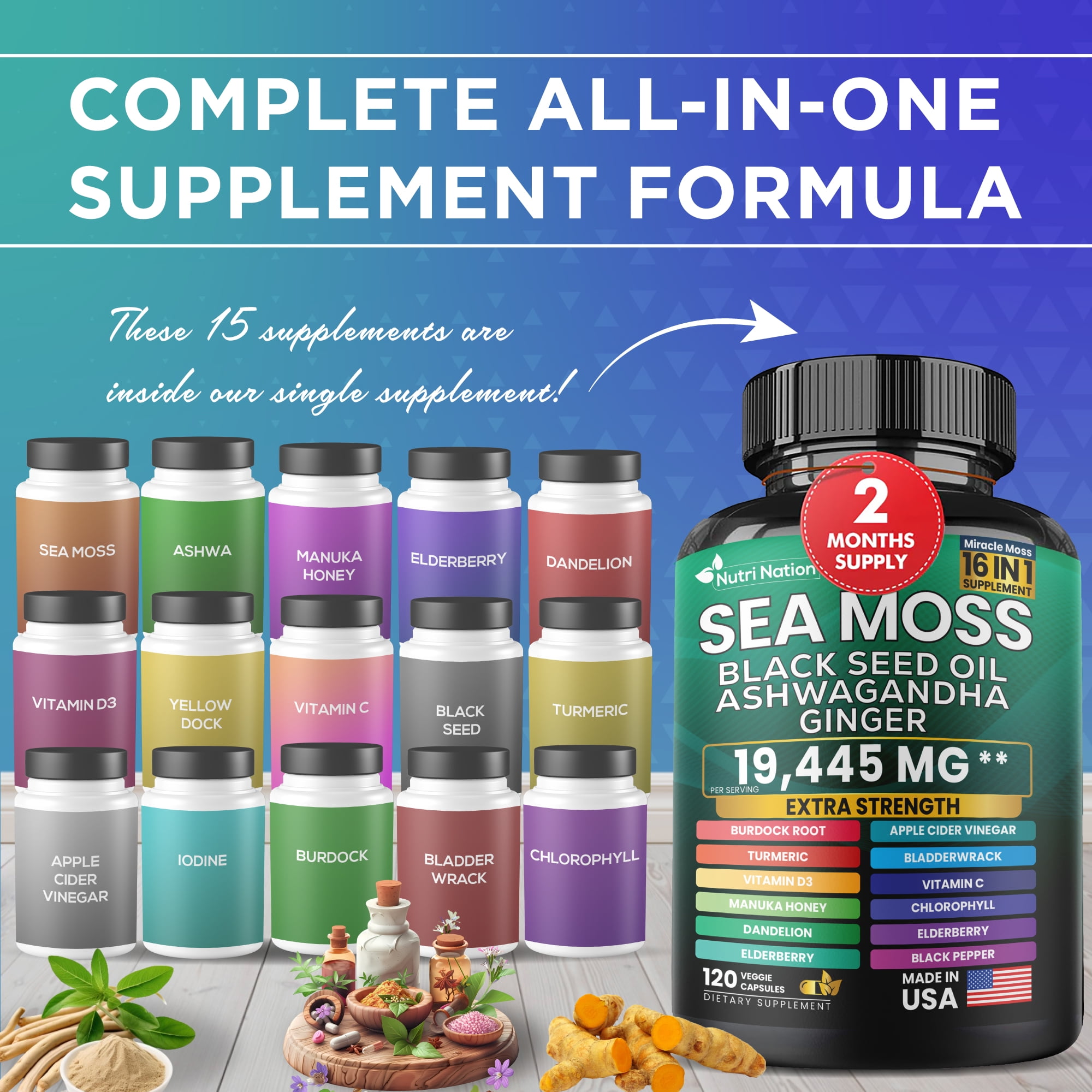 Nutri Nation Sea Moss with Ashwagandha 16 in 1, 120 Capsules 5 Bottles