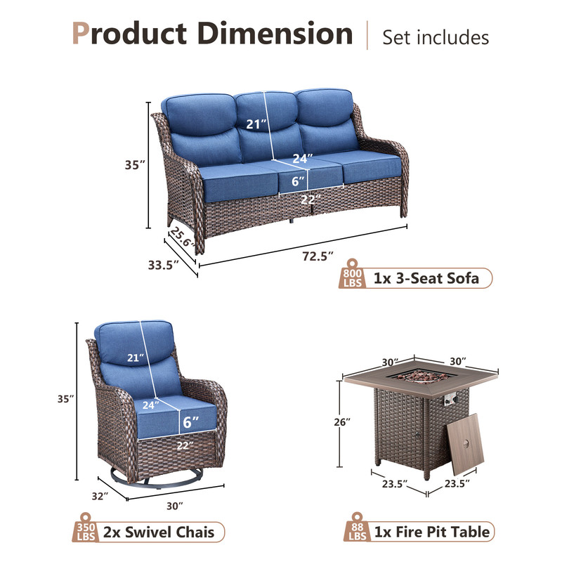 Gymojoy 4 Pieces Outdoor Patio Furniture Set with Fire Pit Table,Swivel Chairs with 6" Thick Cushion,Patio Conversation Sets for Porch Deck Garden Backyard