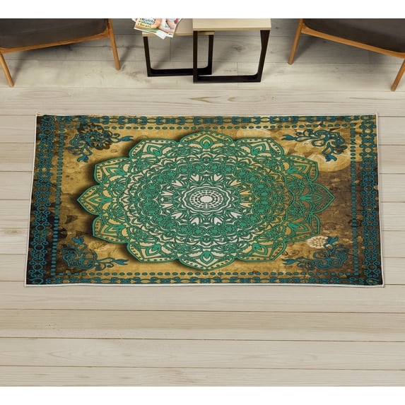 Ethnic Decorative Rug, Mystic Mandala Culture Karma Calmness and Harmony Boho Design, Quality Carpet for Bedroom Dorm and Living Room, 6 Sizes, Petrol Blue, by Ambesonne