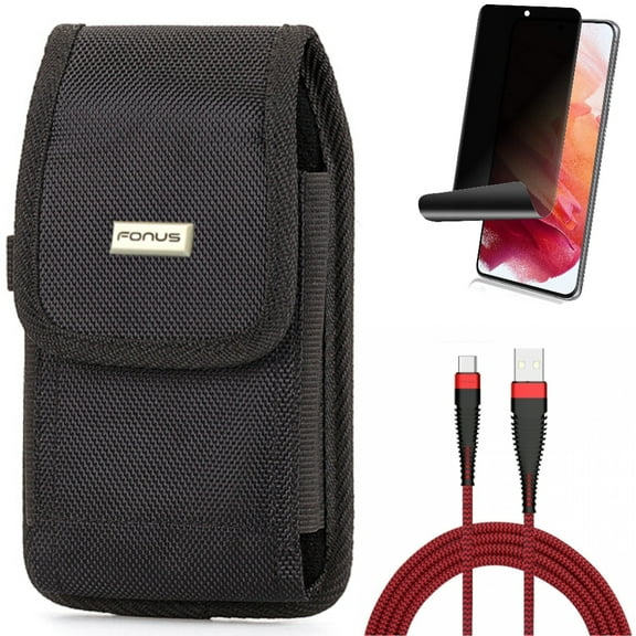 Privacy Screen Protector & Case Belt Clip & 10ft USB Cable for Samsung Galaxy S22 (6.1") - TPU Film Fingerprint Works & Rugged Holster & Type-C Charger Cord Accessory Bundle