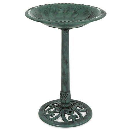 Best Choice Products Outdoor Vintage Resin Pedestal Bird Bath Accent Decoration for Garden, Yard w/ Fleur-de-Lys Accents - Green