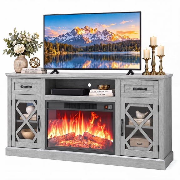 LEGAHOME Gray Fireplace TV Stand for 65 inch TV, Farmhouse 59in Entertainment Center with 23in Electric Fireplace, 2 Drawers and Glass Door, for 400Sqt Heating Area